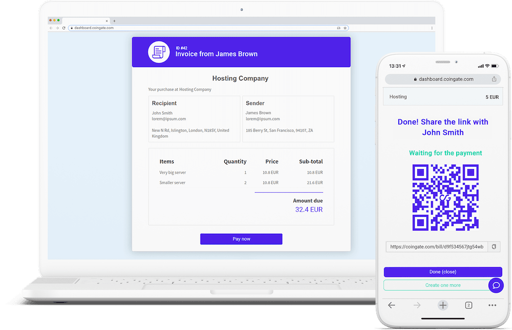 a service that allows you to send instant crypto bills and receive cryptocurrency payments